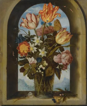 Still Life Of Tulips, Moss-Roses, Lily-Of-The-Valley And Other Flowers In A Glass Beaker Set In An Arched Stone Window Opening by Ambrosius Bosschaert The Elder Oil Painting