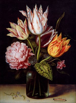 Still Life with Bouquet of Tulips, a Rose, Clover, and Cyclamen in a Green Glass Bottle