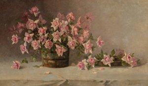 Still life with Pink Roses by Amedee Joullin Oil Painting