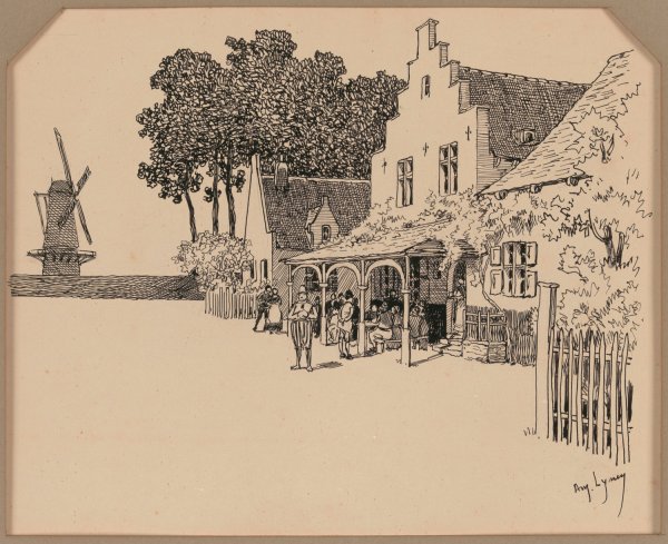 View of a Village with a Windmill by Amedee Lynen - Hand-Painted Oil Painting Reproduction