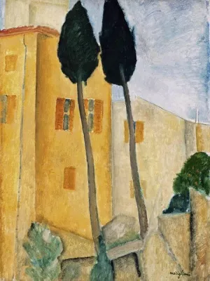 Cypress Trees and Houses, Midday Landscape Oil painting by Amedeo Modigliani