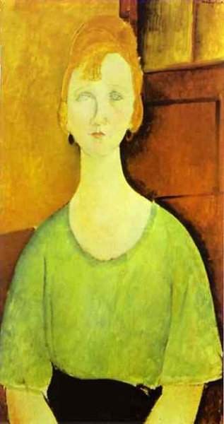Main Product Photo of Girl in a Green Blouse Painting by Amedeo Modigliani