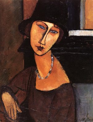 Jeanne Hebuterne with Hat and Necklace Oil painting by Amedeo Modigliani