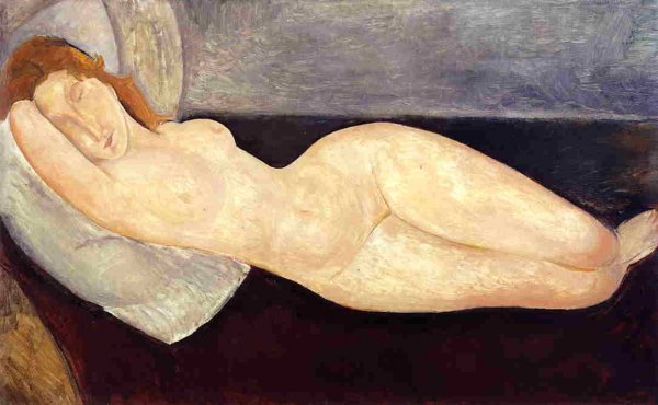 Main Product Photo of Reclining Nude, Head on Right Arm Painting by Amedeo Modigliani