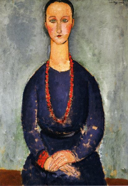 Main Product Photo of Woman in a Red Necklace Painting by Amedeo Modigliani