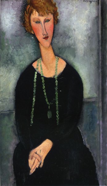 Main Product Photo of Woman with a Green Necklace also known as Madame Menier Painting by Amedeo Modigliani