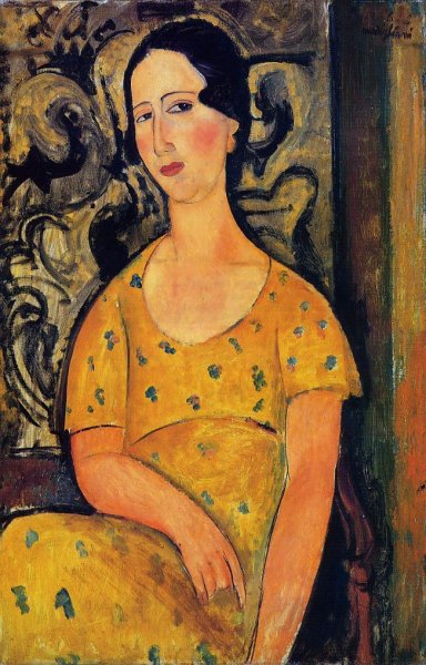 Main Product Photo of Young Woman in a Yellow Dress also known as Madame Modot Painting by Amedeo Modigliani