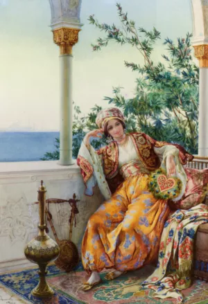 A Turkish Beauty Resting on a Terrace by Amedeo Momo Simonetti - Oil Painting Reproduction