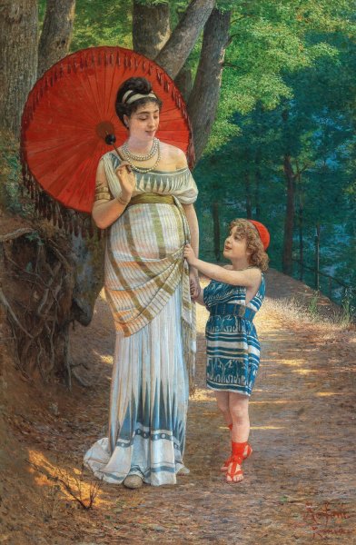 The red parasol by Anatolio Scifoni - Hand-Painted Oil Painting Reproduction