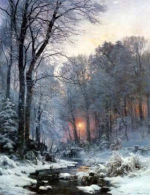 A Twilit Wooded River in the Snow by Anders Andersen-Lundby - Oil Painting Reproduction