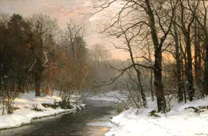 A Winter River Landscape by Anders Andersen-Lundby Oil Painting