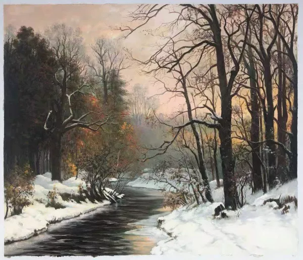 A Winter River Landscape Oil Painting Reproduction