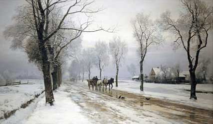Main Product Photo of An Extensive Winter Landscape With a Horse and Cart Painting by Anders Andersen-Lundby