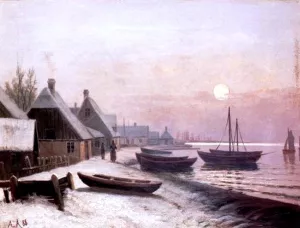 Fishing Boats in Winter by Anders Andersen-Lundby - Oil Painting Reproduction