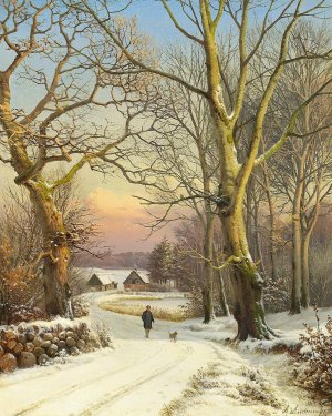 Vinterdag i skoven, Nordsjaelland. En mand lufter hunden by Anders Andersen-Lundby Oil Painting