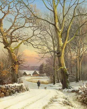Vinterdag i skoven, Nordsjaelland. En mand lufter hunden by Anders Andersen-Lundby Oil Painting