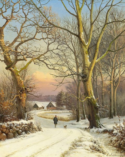 Main Product Photo of Vinterdag i skoven, Nordsjaelland. En mand lufter hunden  Painting by Anders Andersen-Lundby