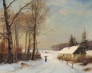 Vinterlandskab med kone pa en landevej ud for et hus by Anders Andersen-Lundby Oil Painting