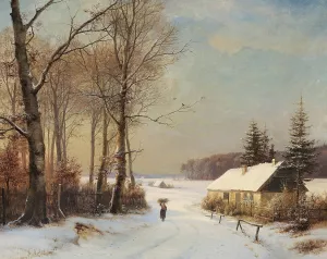 Vinterlandskab med kone pa en landevej ud for et hus by Anders Andersen-Lundby Oil Painting