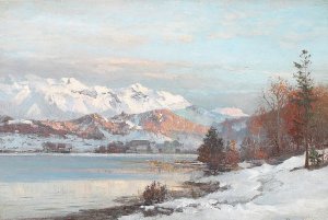 Vinterlandskab med morgenlys over bjergso, i baggrunden udsigt til Alperne by Anders Andersen-Lundby Oil Painting