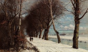 Vinterlandskab med spadserende personer by Anders Andersen-Lundby Oil Painting