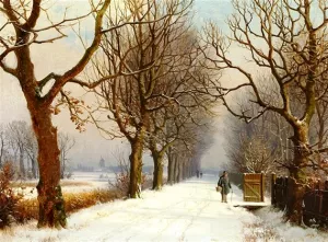 Winter Scene with People Walking along a Brook by Anders Andersen-Lundby - Oil Painting Reproduction