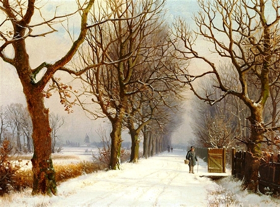 Main Product Photo of Winter Scene with People Walking along a Brook Painting by Anders Andersen-Lundby