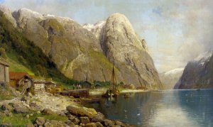 A Village by a Fjord Oil painting by Anders Monsen Askevold