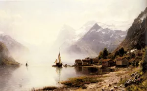 Norwegian Fjord with Snow Capped Mountains painting by Anders Monsen Askevold