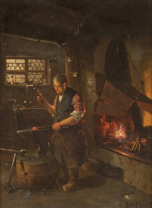At the blacksmiths by Anders Olsson Montan Oil Painting
