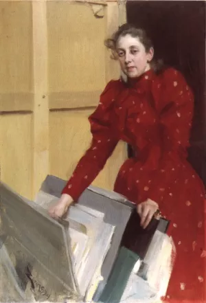 Portraett av Emma Zorn i Parisateljen Oil painting by Anders Zorn
