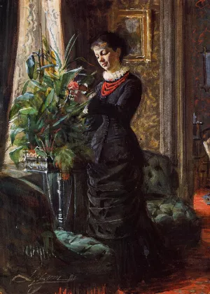 Portrait of Fru Lisen Samson, nee Hirsch, Arranging Flowers at a Window by Anders Zorn - Oil Painting Reproduction