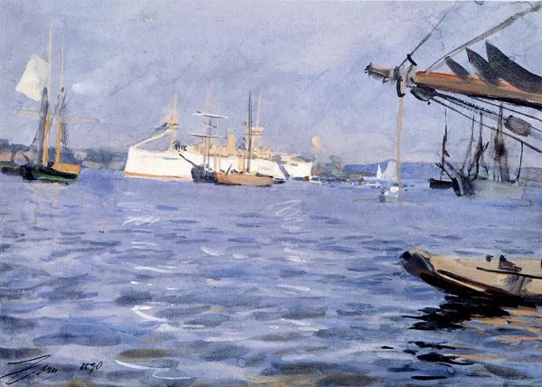 油絵　oil painting The Battleship Baltimore In Stockholm Harbor by Anders Zorn Oil