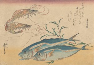 Kuruma Ebi, Aji Prawns, and Horse Mackerel by Ando Hiroshige Oil Painting