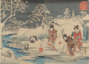 Three Women Making a Snow Rabbit in a Garden by Ando Hiroshige Oil Painting