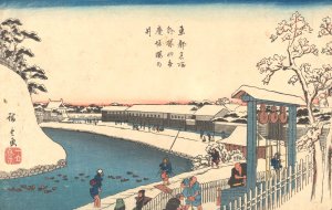 Well, Trees, Houses, People, Ducks on River by Ando Hiroshige Oil Painting