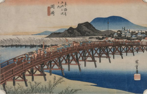 Yahagi Bridge at Okazaki  by Ando Hiroshige - Hand-Painted Oil Painting Reproduction