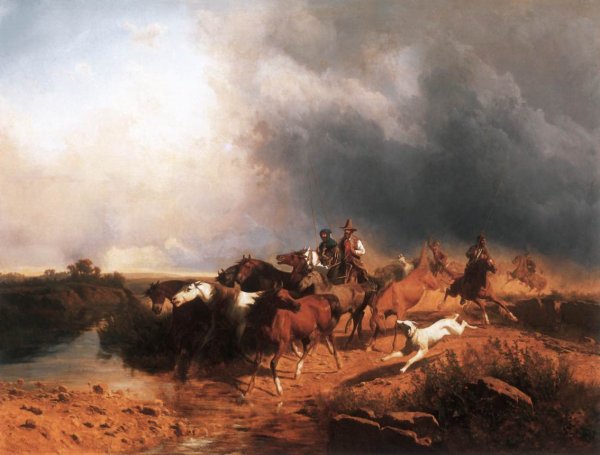 Italian Landscape with Galoping Horses by Andras Marko - Hand-Painted Oil Painting Reproduction