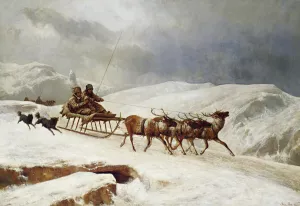 A Brisk Reindeer Sleigh Ride by Andras Marko Oil Painting