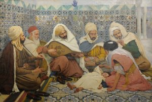 L'Exorcisme ; musiciens arabes chassant les djinns du corps d'un enfant by Andre Brouillet Oil Painting