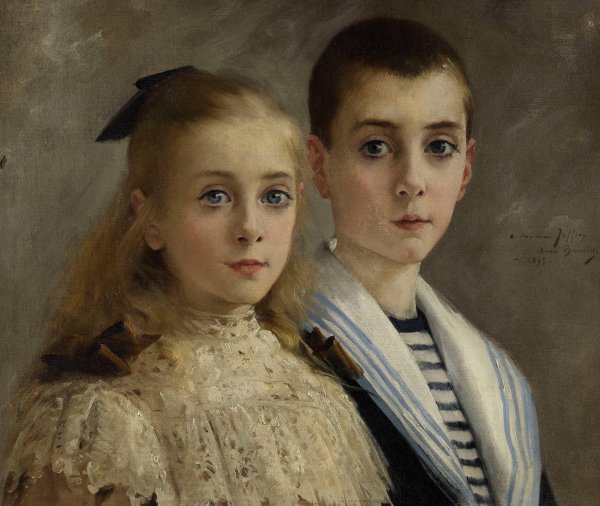 Portrait de Jean et Jeanne, les enfants du professeur Joffroy  by Andre Brouillet - Hand-Painted Oil Painting Reproduction