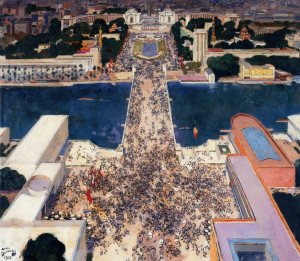 La colline de Chaillot pendant l'exposition Internationale de 1937, vue de la Tour Eiffel. Oil painting by Andre Victor Edouard Devambez