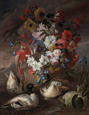 Floral Still Life With A Parrot And Ducks by Andrea Belvedere Oil Painting