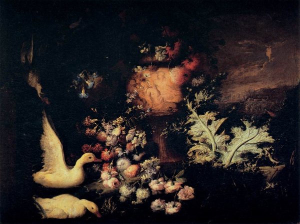 Flowers and Ducks by Andrea Belvedere - Hand-Painted Oil Painting Reproduction