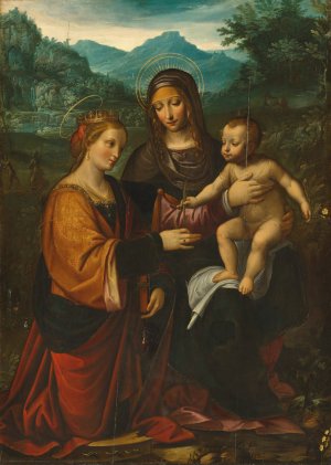The Madonna and Child with Saint Catherine of Alexandria, in a landscape by Andrea Bianchi Oil Painting