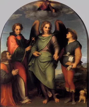 Tobias and the Angel with St Leonard and Donor painting by Andrea Del Sarto