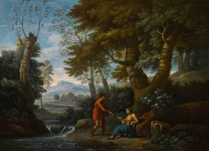 Landscape with a fisherman and a female figure by a river by Andrea Locatelli Oil Painting