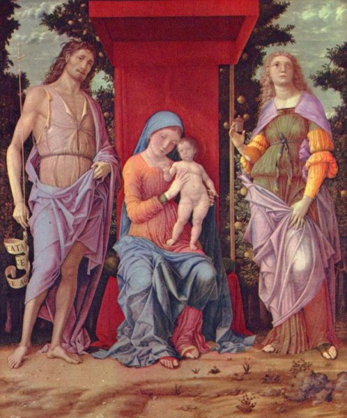 Main Product Photo of Madonna mit Hl. Maria Magdalena und Hl. Johannes dem Taeufer Painting by Andrea Mantegna