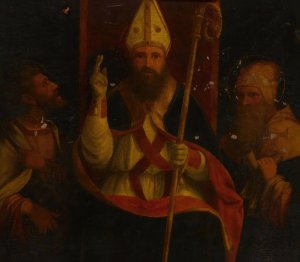 Saint Augustine enthroned with Saint Anthony Abbot and another saint by Andrea Previtali Oil Painting