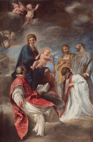 The Madonna and Child with Saints Ignatius of Loyola, Francis Xavier, Cosmas and Damian by Andrea Sacchi Oil Painting